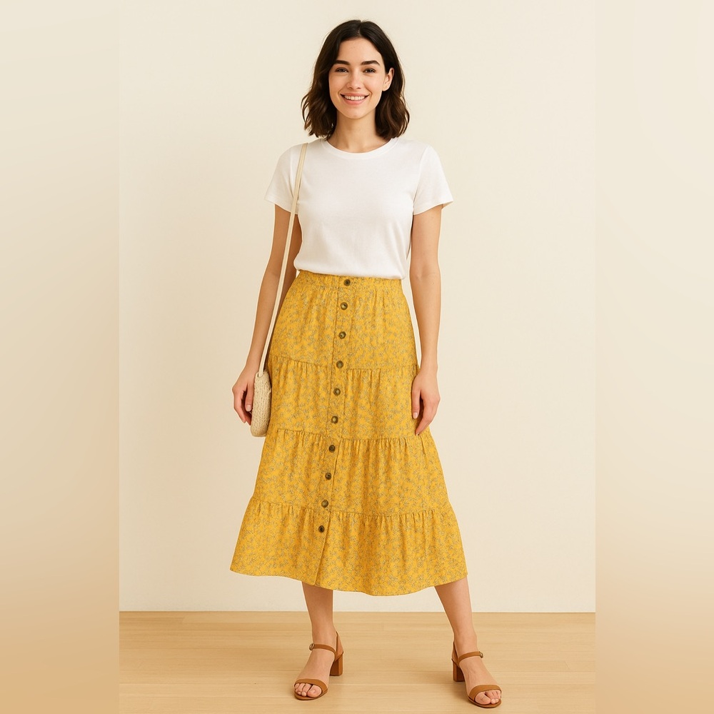 Carole Little Sport Floral Yellow Button-Down Skirt Vintage-Made in the USA.